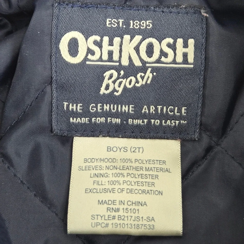 OshKosh Bgosh Boys 2T Varsity Jacket Navy Blue Faux Leather Sleeve Hooded Zip Up